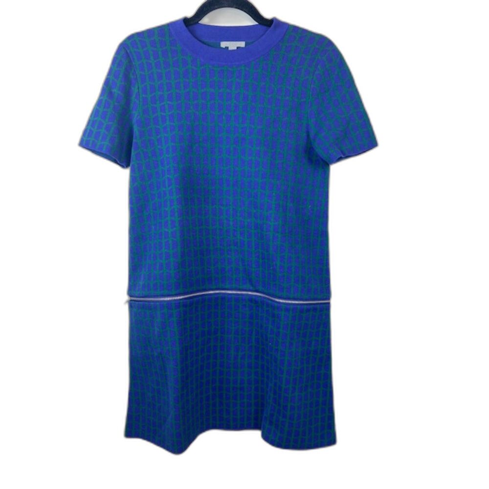 COS Blue Green Geometric Knit Shift Mini Dress with Zipper Accent Size Small Mod
